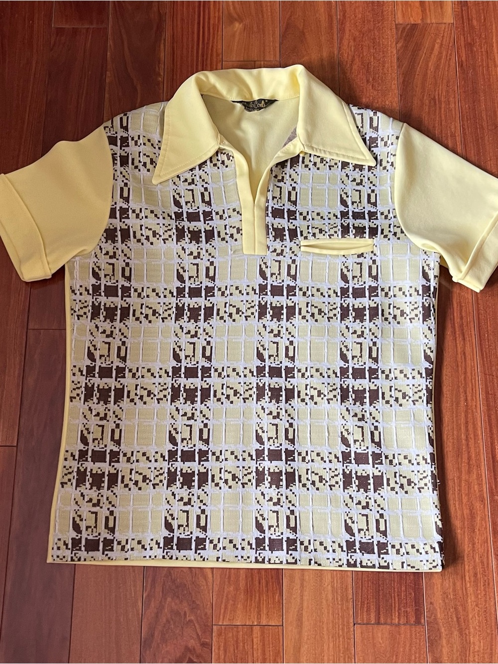 Retro Plaid Short-Sleeve Polo in Light Yellow and Brown